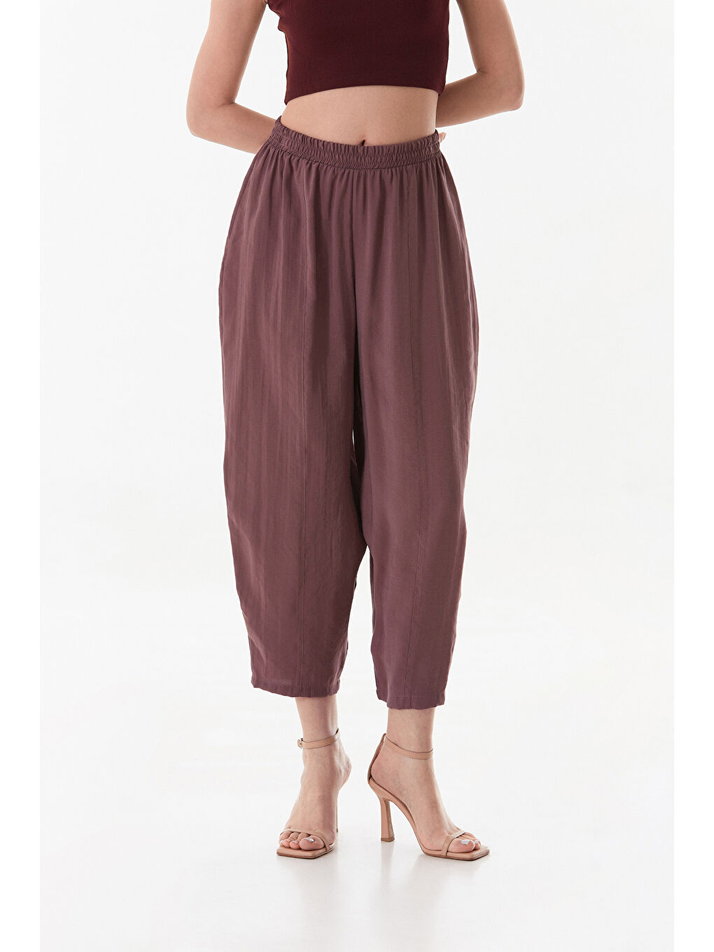 Pembe Beli Lastikli Çimalı Ayrobin Kumaş Şalvar Pantolon-1