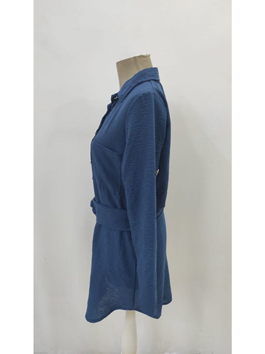 Mavi Kadın Uzun Kollu Yakalı önden Düğmeli Beli Kuşaklı Mini Ithal Keten Elbise-3