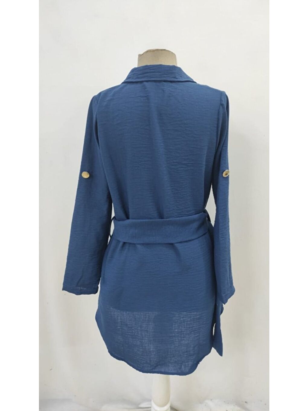 Mavi Kadın Uzun Kollu Yakalı önden Düğmeli Beli Kuşaklı Mini Ithal Keten Elbise-4