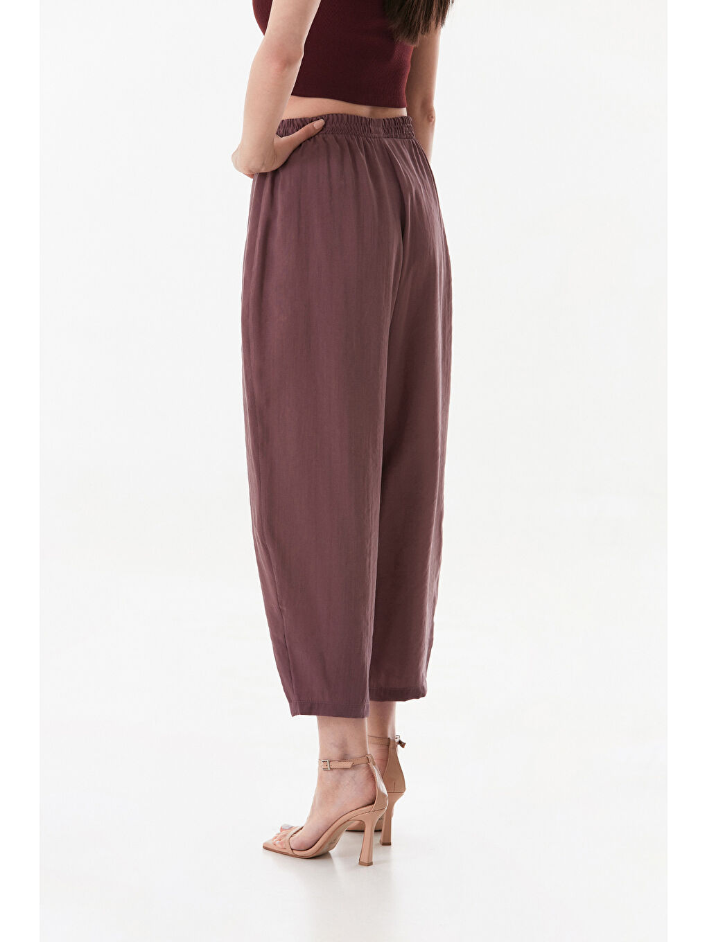 Pembe Beli Lastikli Çimalı Ayrobin Kumaş Şalvar Pantolon-3