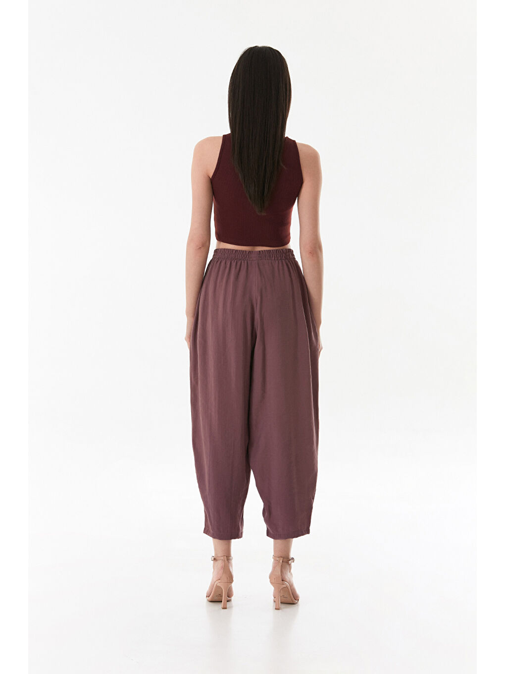 Pembe Beli Lastikli Çimalı Ayrobin Kumaş Şalvar Pantolon-4