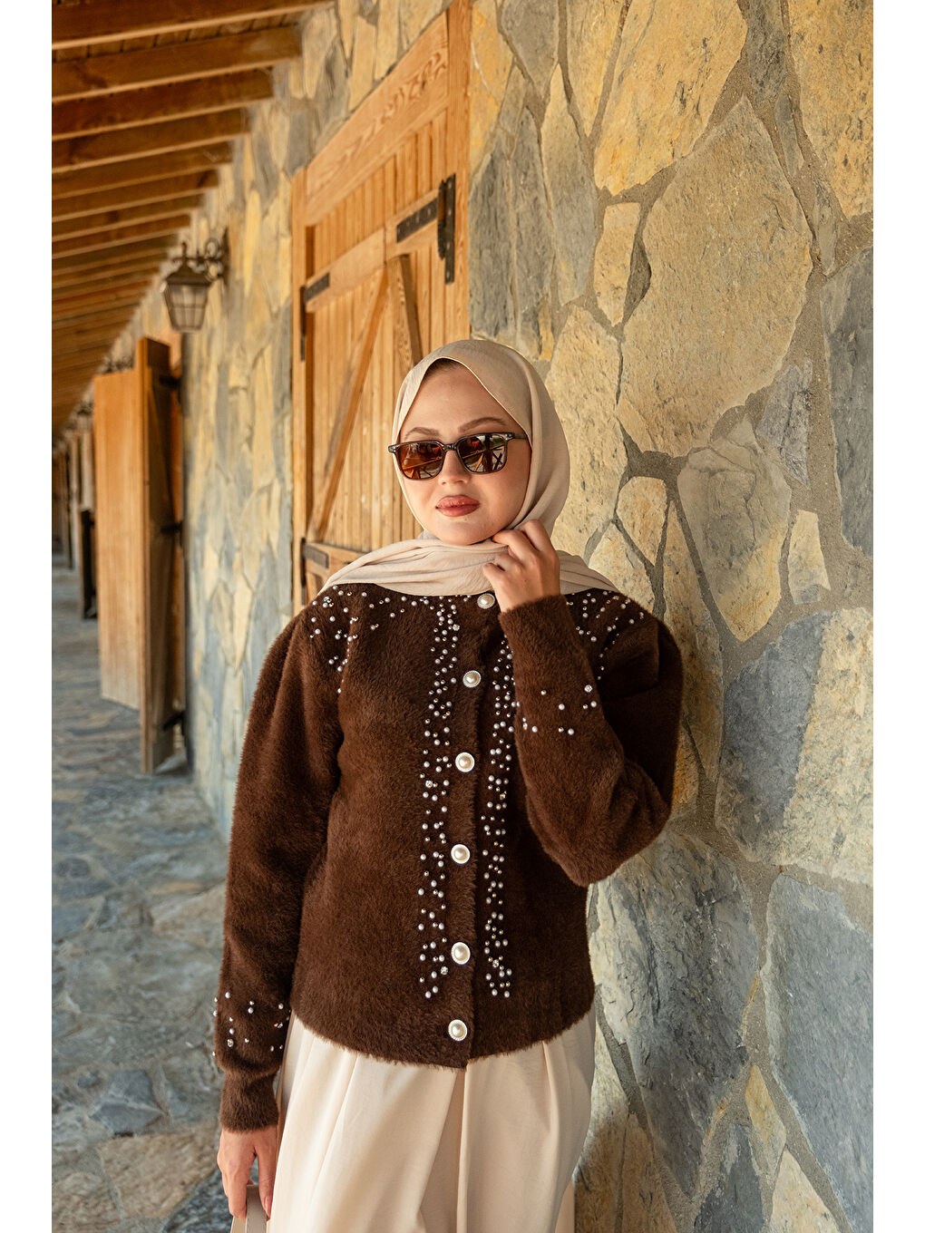 Kadın Taş Detay Triko Ceket Kahverengi-2