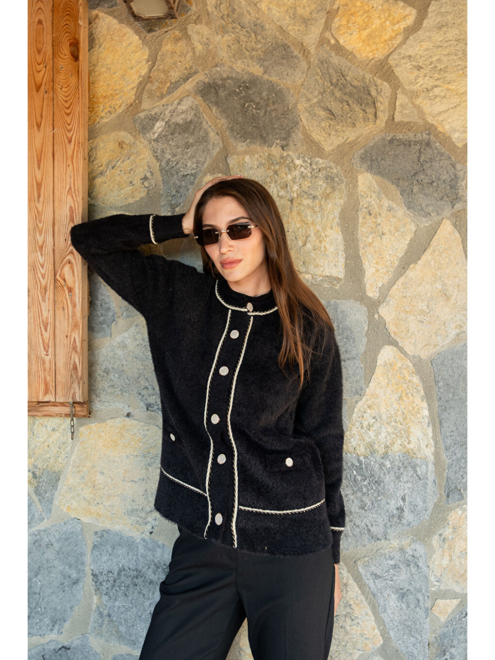 Kadın Bisiklet Yaka Triko Ceket Siyah-1