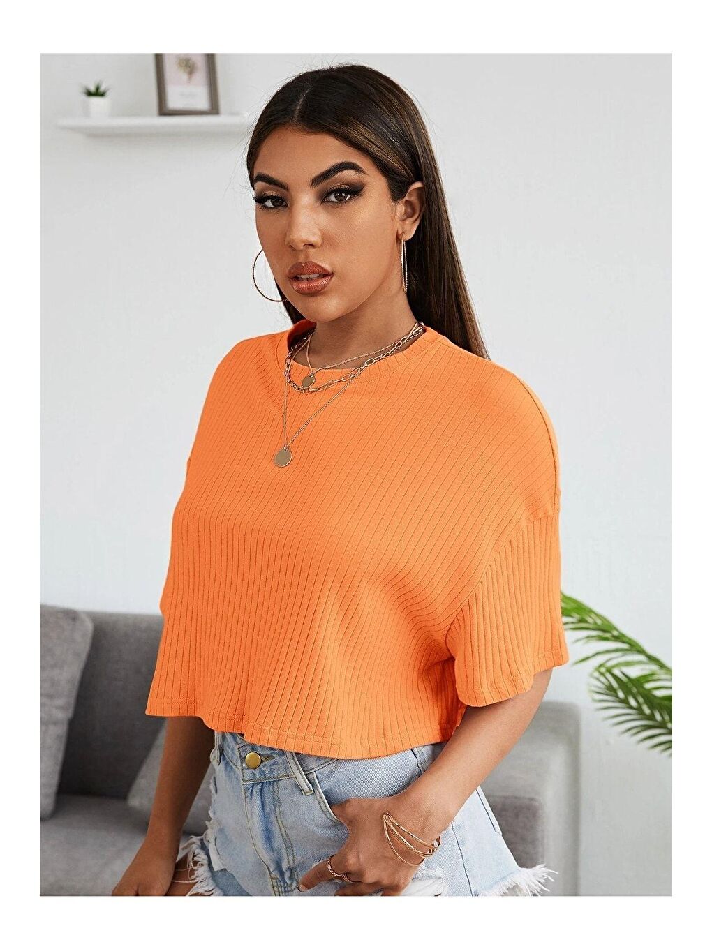 Trendseninle Turuncu Kadın Turuncu Oversize Fitilli Bel Crop Bluz