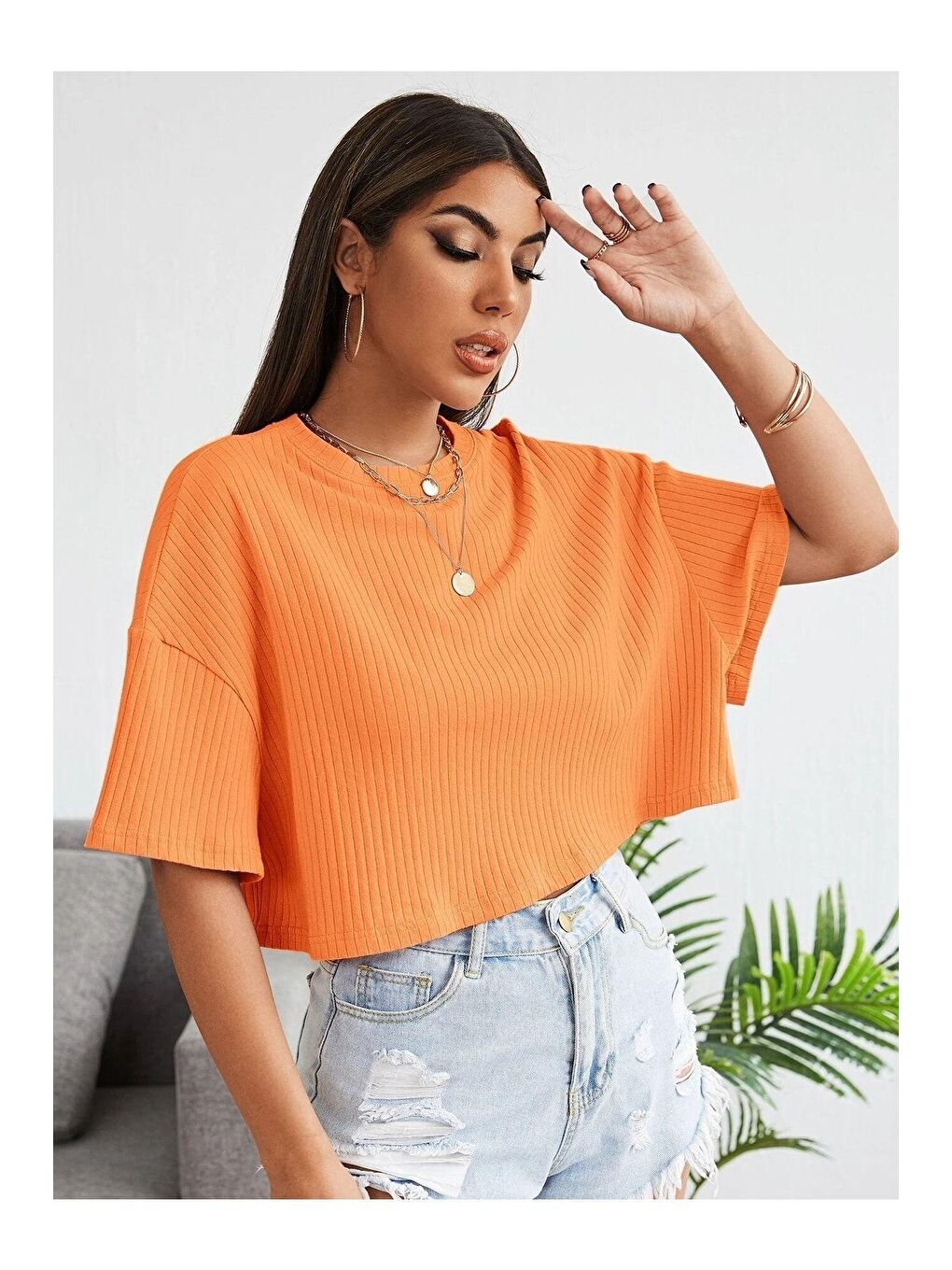 Trendseninle Turuncu Kadın Turuncu Oversize Fitilli Bel Crop Bluz - 1