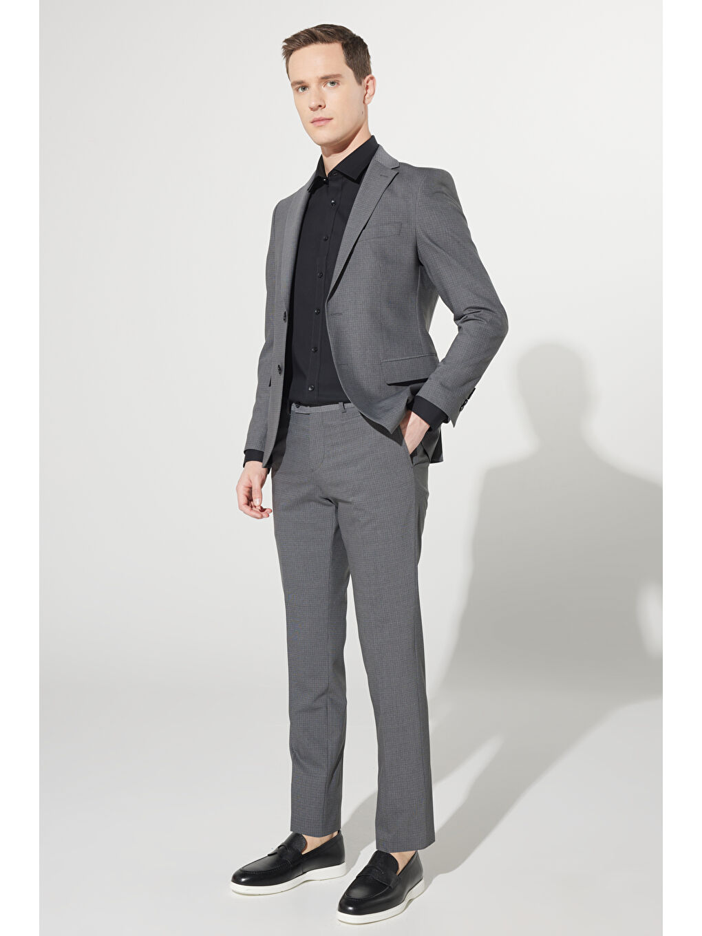 Erkek Gri Ekstra Slim Fit Dar Kesim Mono Yaka Kareli Yünlü Takım Elbise-1