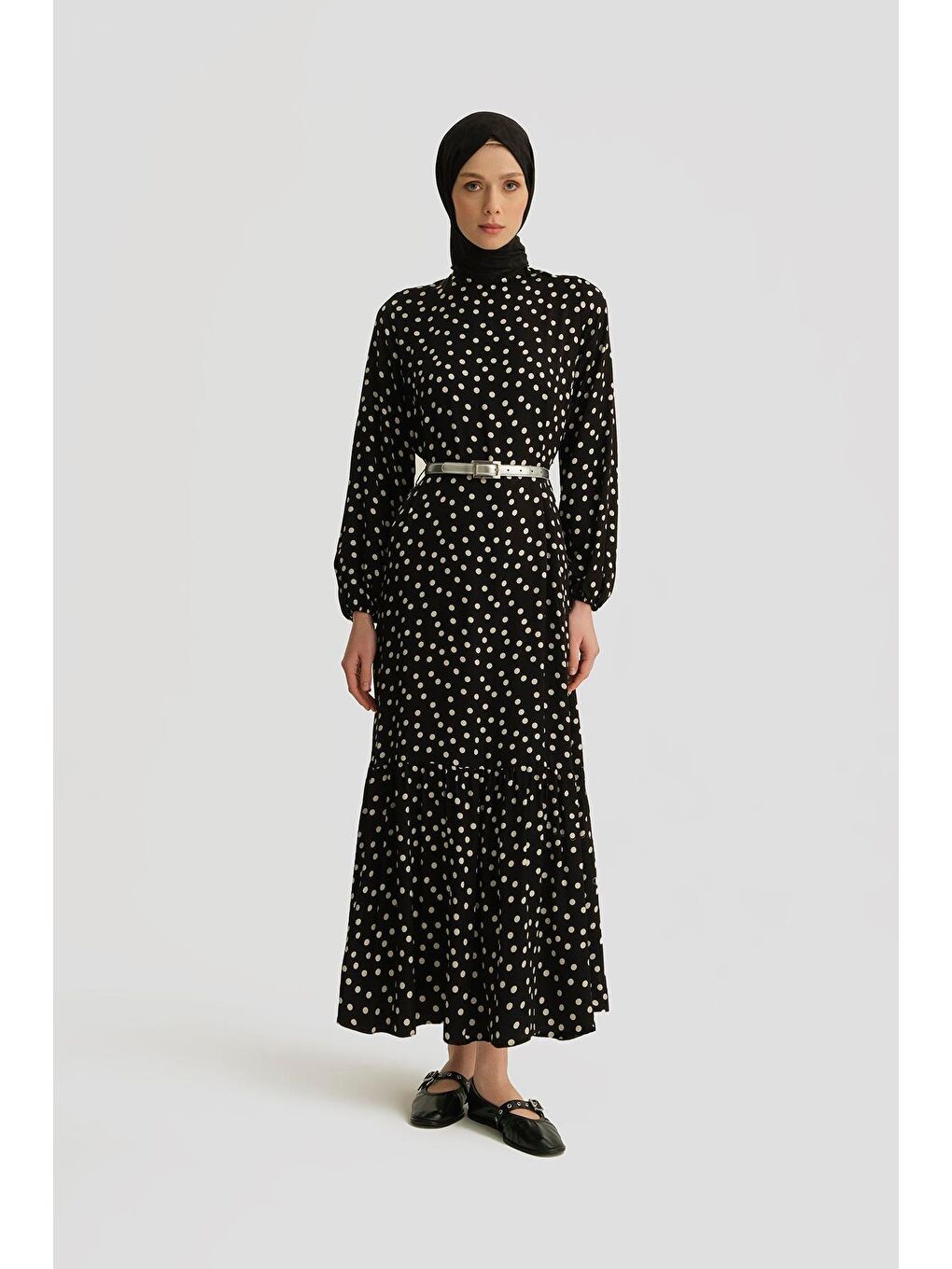 Desenli Elbise 25Yt909 Puantiyeli Siyah