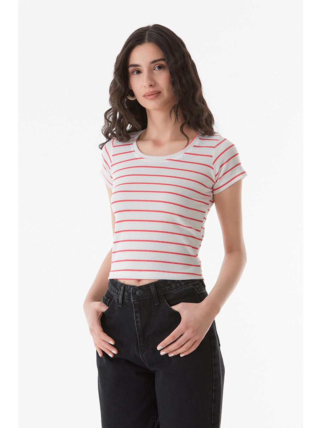 Fuşya Çizgili Bisiklet Yaka Tişört