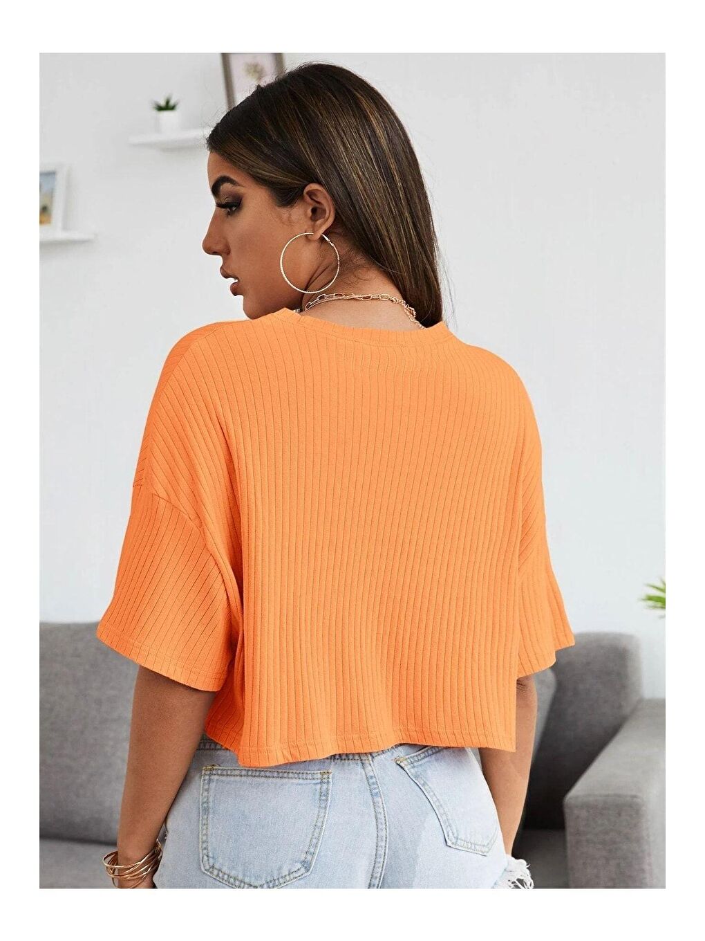 Trendseninle Turuncu Kadın Turuncu Oversize Fitilli Bel Crop Bluz - 3