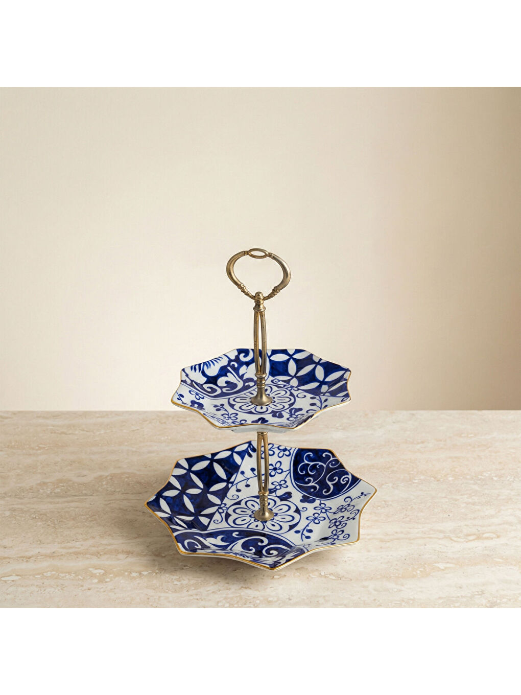 Ekru Özel Tasarım El Dekoru Yıldız Şekilli İki Katlı Dekoratif Sunumluk Kurabiyelik-1