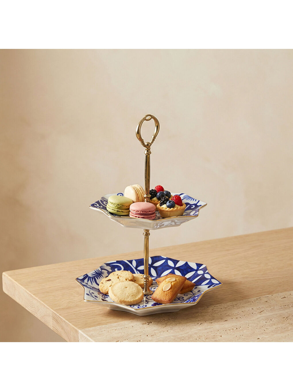 Ekru Özel Tasarım El Dekoru Yıldız Şekilli İki Katlı Dekoratif Sunumluk Kurabiyelik-2