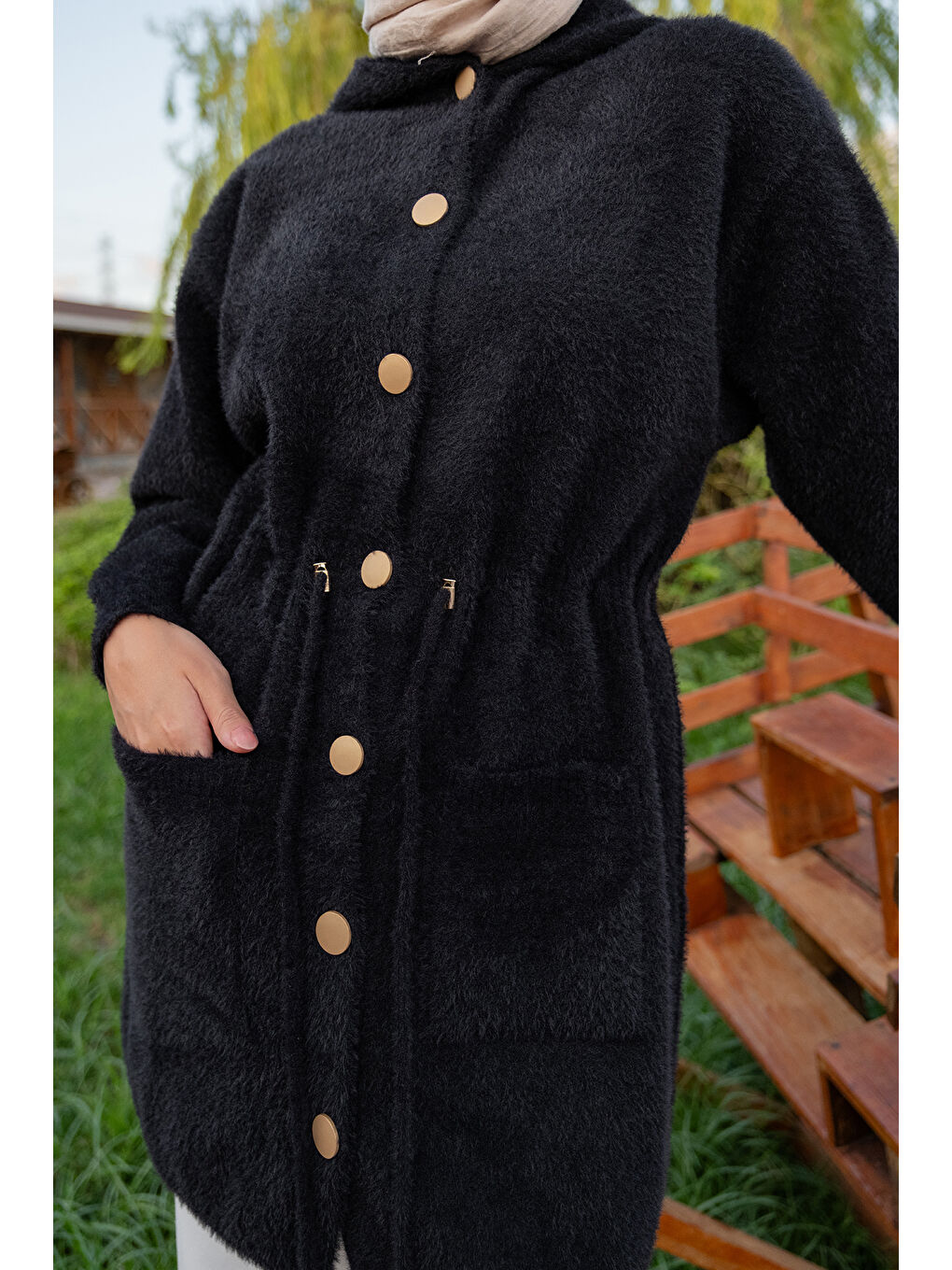 Kadın Kapüşonlu Triko Ceket Siyah-3