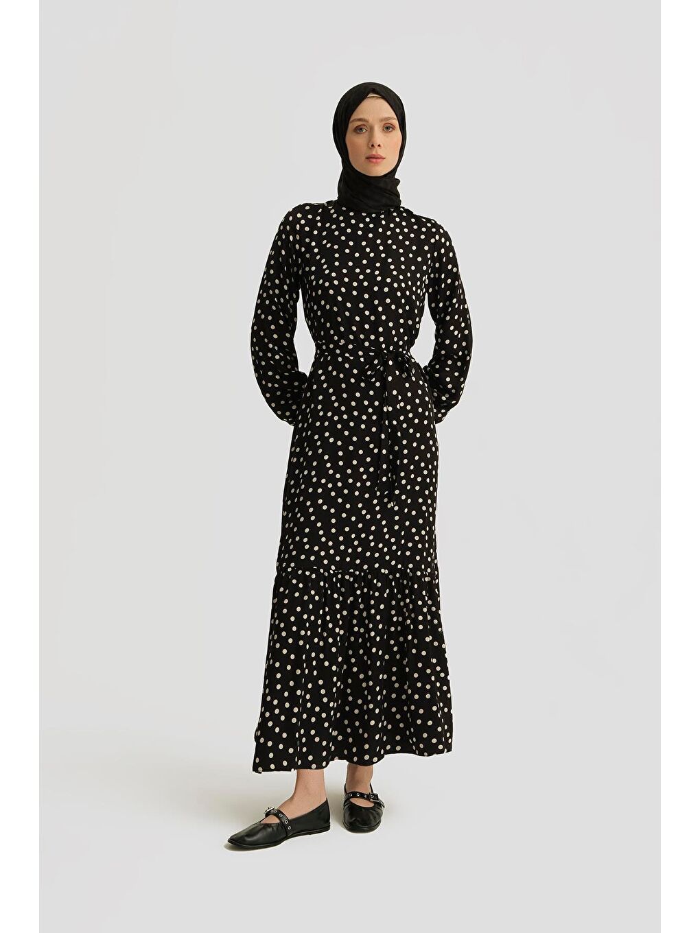 Desenli Elbise 25Yt909 Puantiyeli Siyah-1