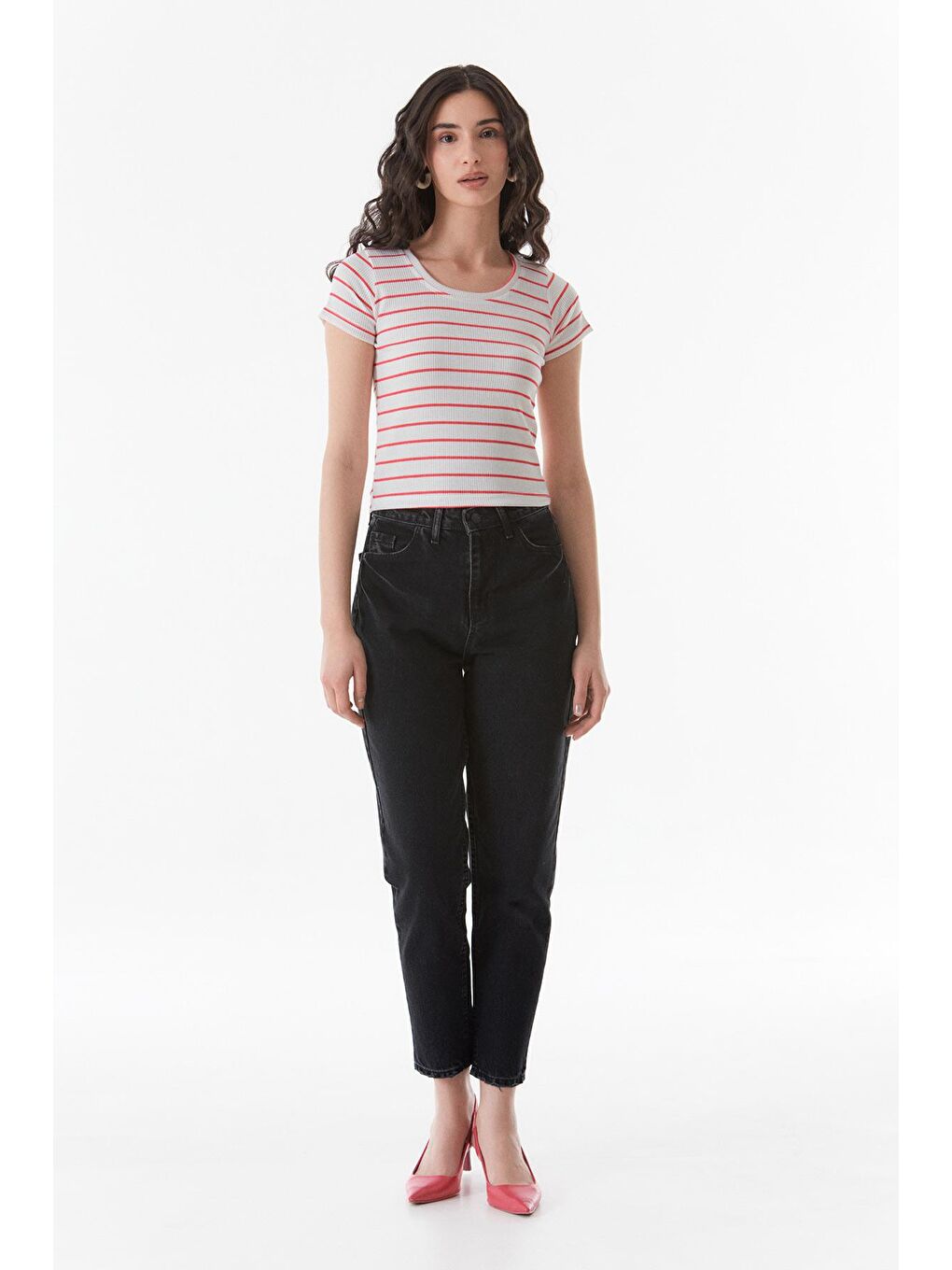 Fuşya Çizgili Bisiklet Yaka Tişört-1