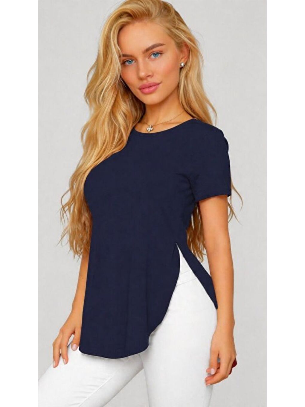 Lacivert Kadın Yırtmaç Detaylı Viskon Kumaş Bluz