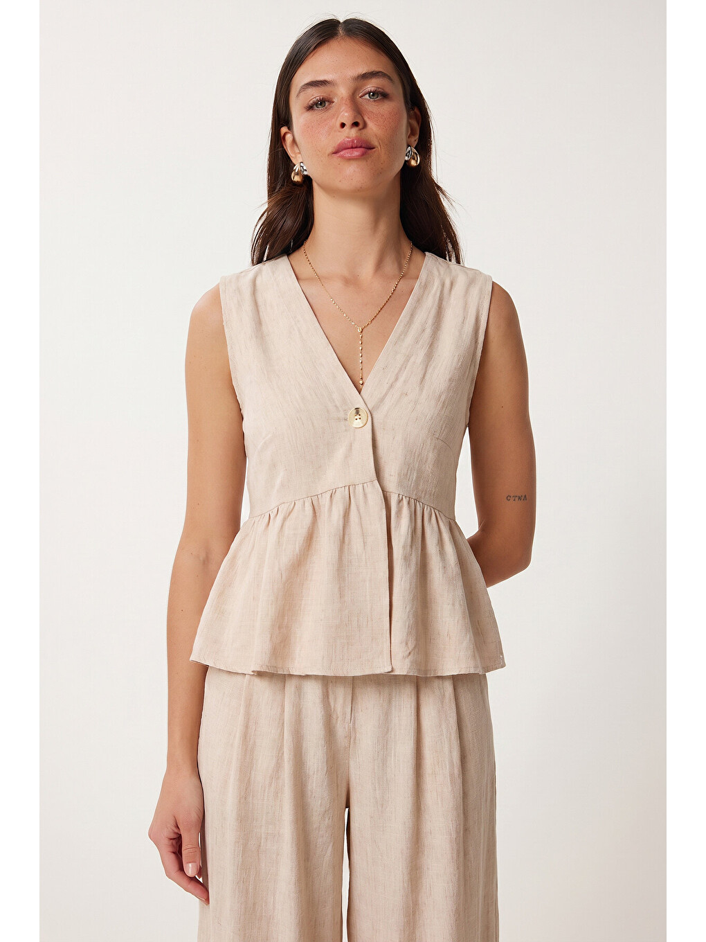 Bej Keten Bluz Pantolon Takım BEJ LAZ0009-2