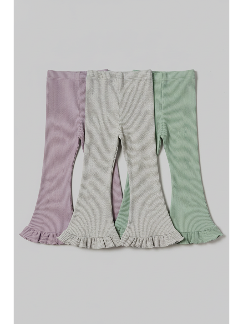 Karışık Kız Çocuk Pamuklu 3'Lü Lila Yeşil Gri Fırfır Paçalı Ribana Tayt Seti – Esnek Rahat Kalıp