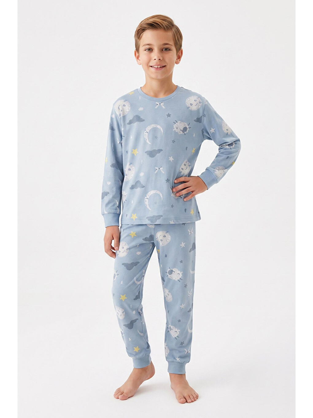Mavi Erkek Çocuk %100 Pamuk Pijama Takımı 3-13 Yaş 12734ıs-1