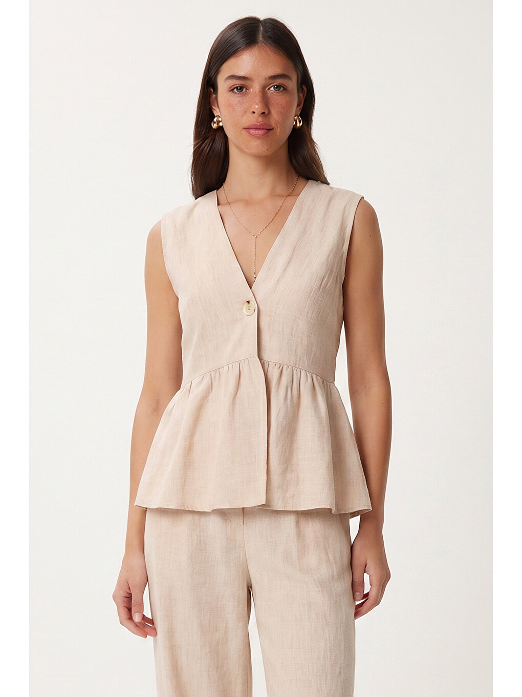 Bej Keten Bluz Pantolon Takım BEJ LAZ0009-3
