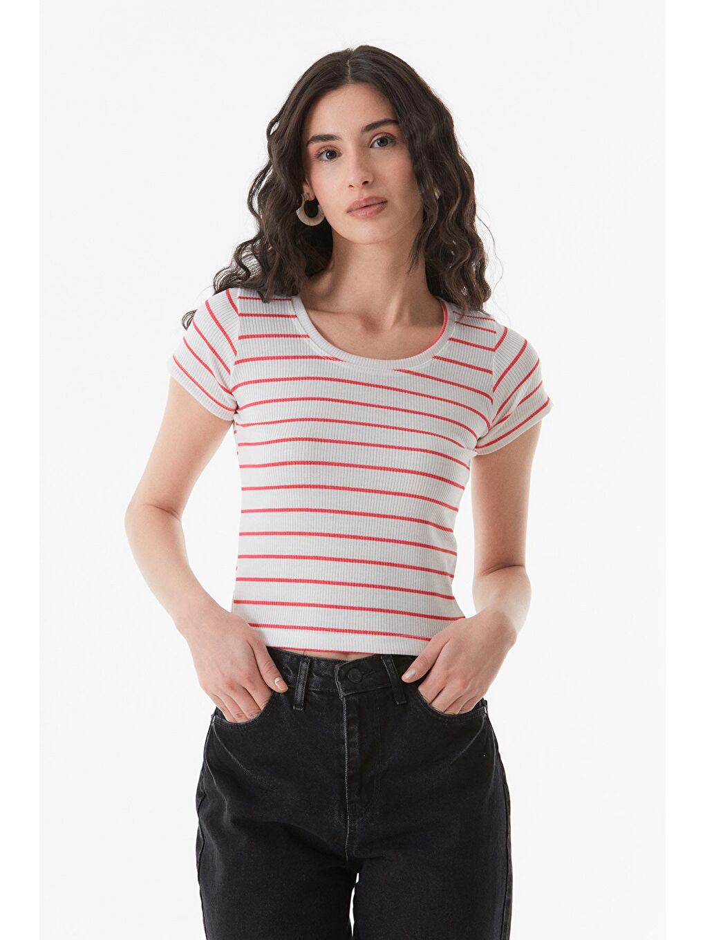 Fuşya Çizgili Bisiklet Yaka Tişört-2