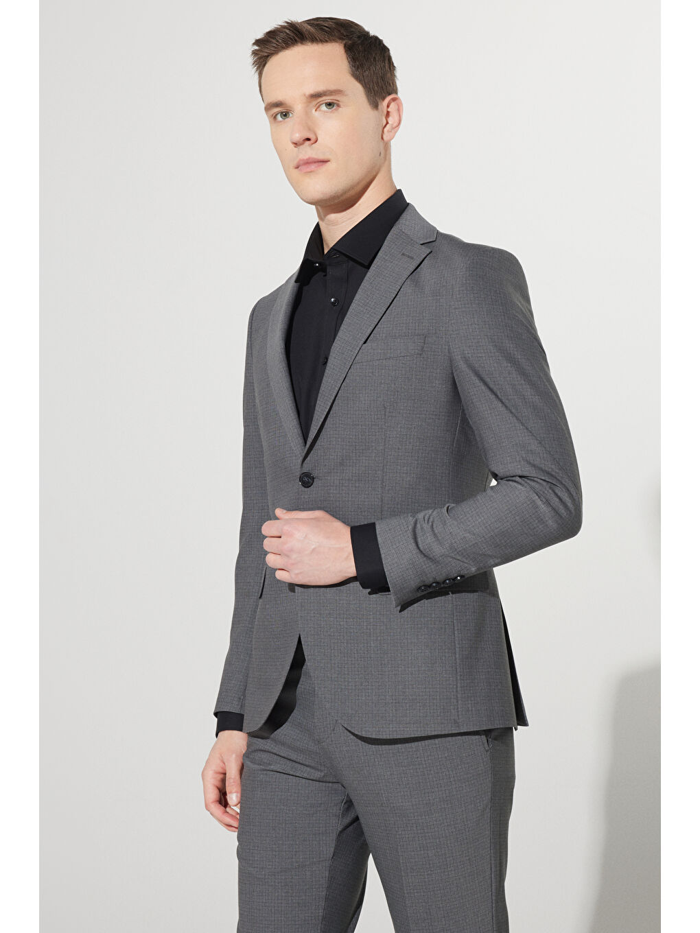 Erkek Gri Ekstra Slim Fit Dar Kesim Mono Yaka Kareli Yünlü Takım Elbise-2