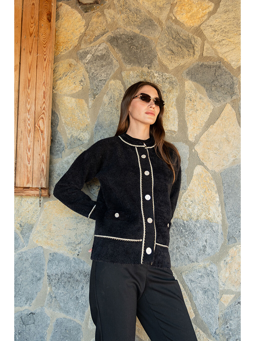 Kadın Bisiklet Yaka Triko Ceket Siyah-2