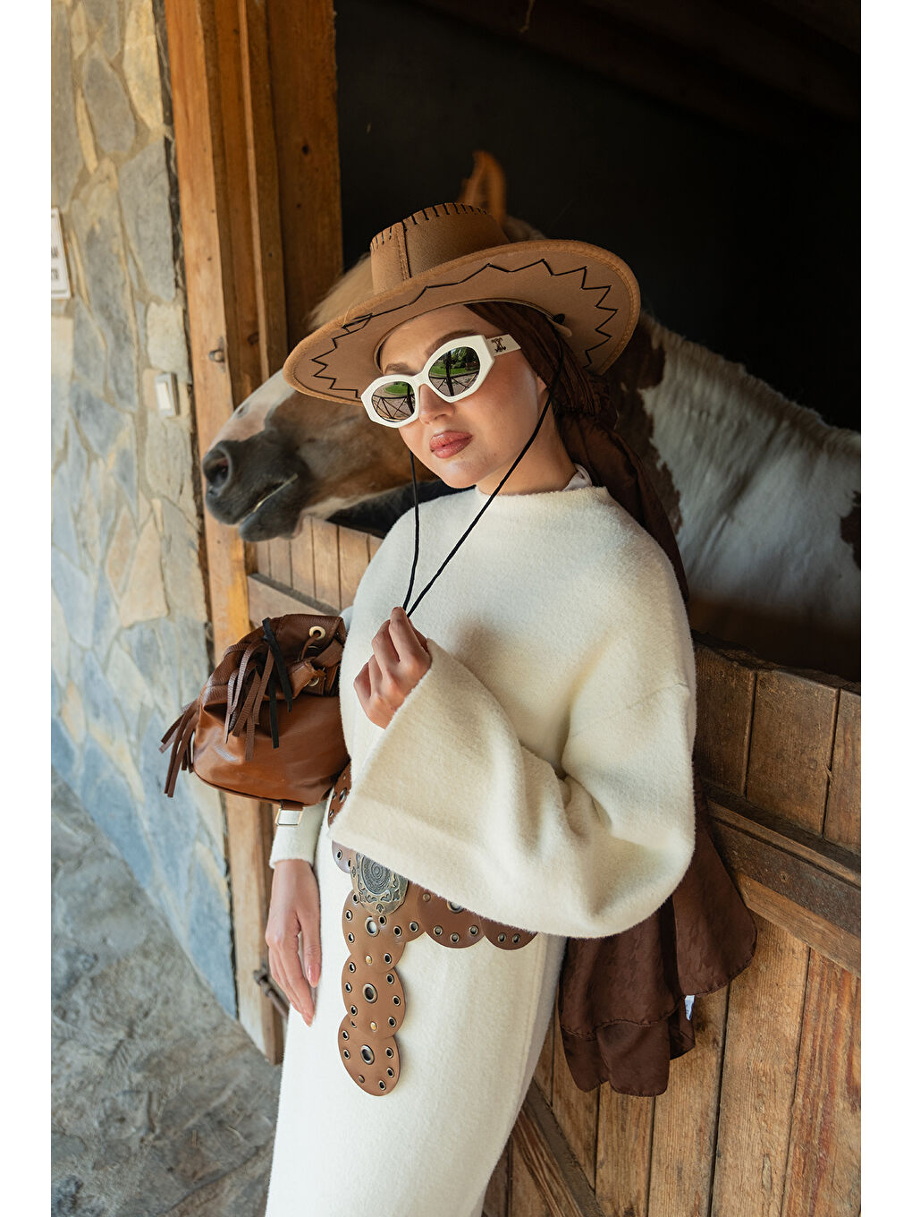 Kadın Kemerli Triko Elbise Bej-1