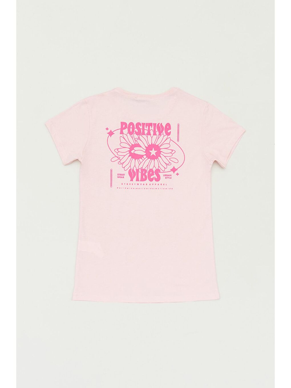 Pembe Önü Ve Arkası Baskılı Bisiklet Yaka Kız Çocuk Tişört-1