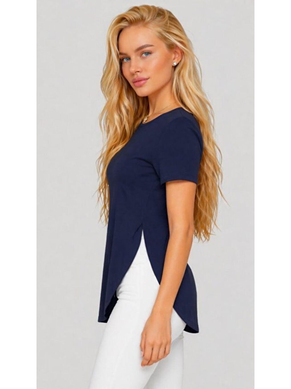 Lacivert Kadın Yırtmaç Detaylı Viskon Kumaş Bluz-2