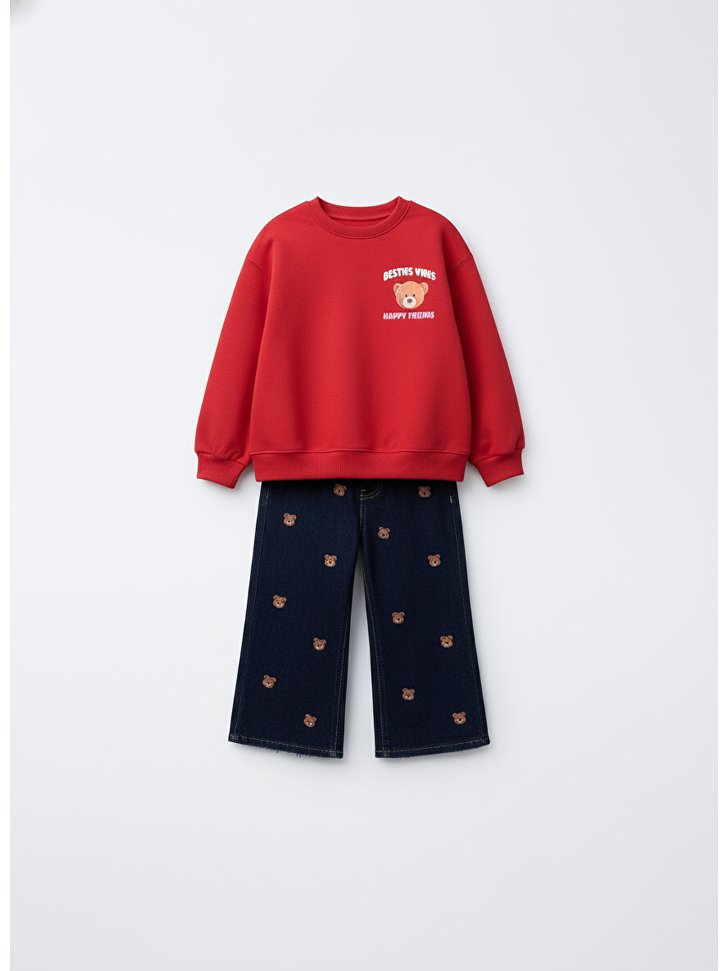 Karışık Kız Çocuk Pamuklu Kırmızı Ayı Baskılı Sweatshirt Ve Nakışlı Jean Pantolon Takım – Rahat Günlük Stil