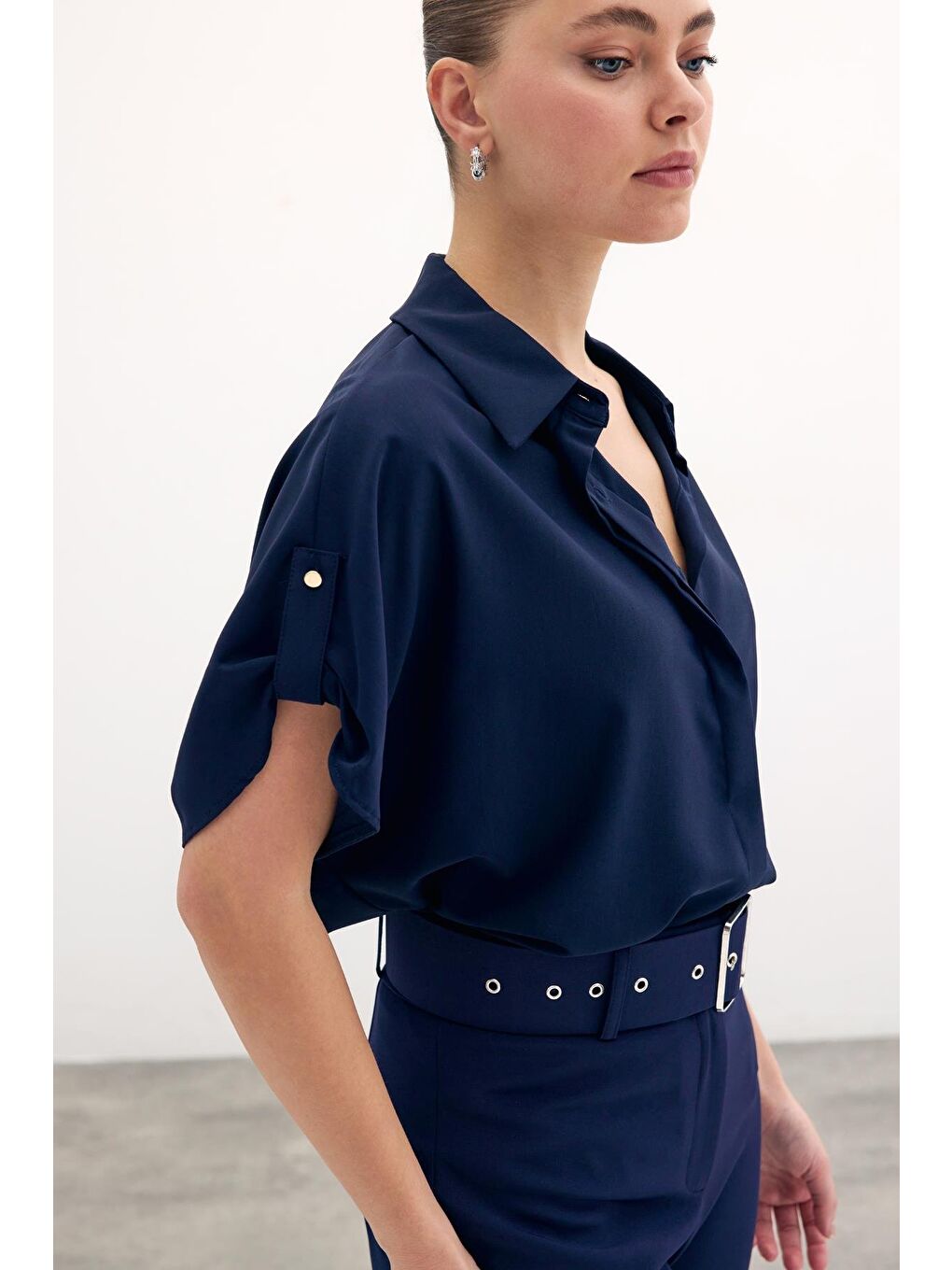 Kol Detaylı Salaş Gömlek - Lacivert-3