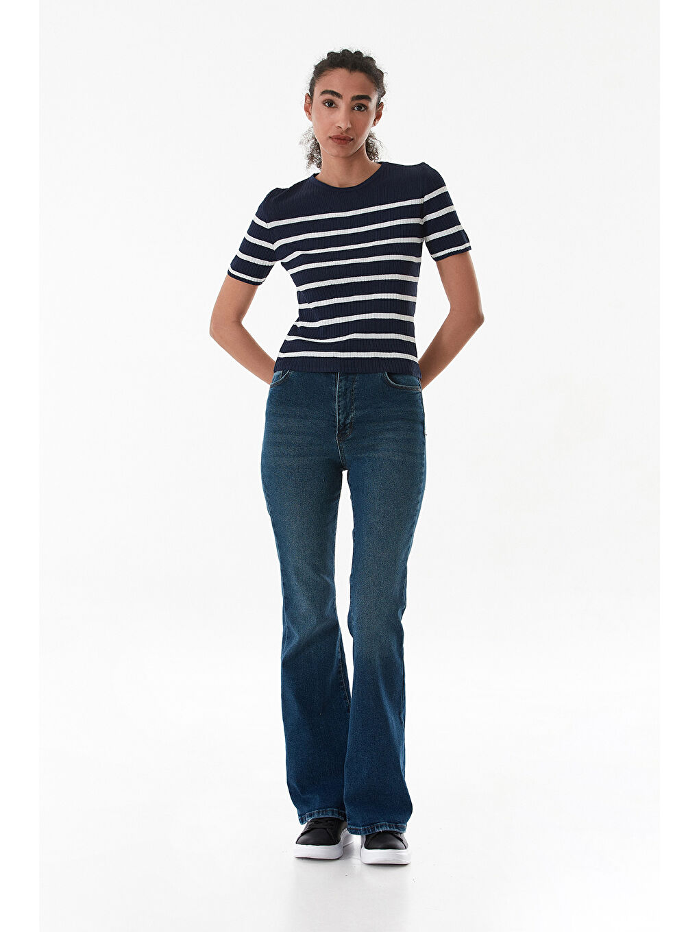 Lacivert Çizgili Fitilli Bisiklet Yaka Triko Bluz-1