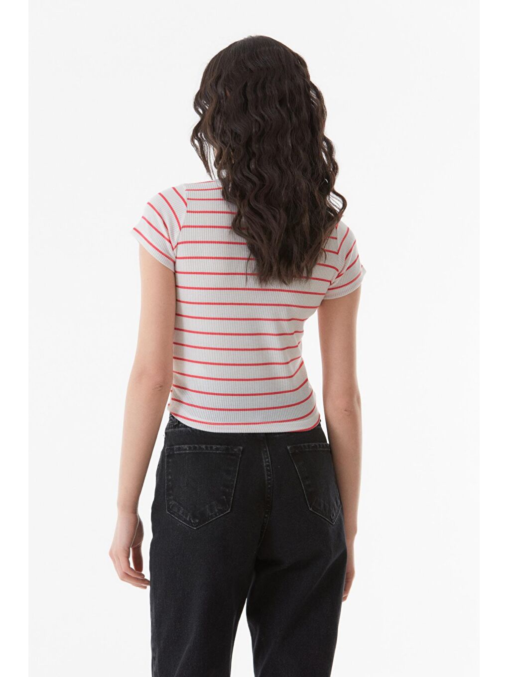 Fuşya Çizgili Bisiklet Yaka Tişört-3