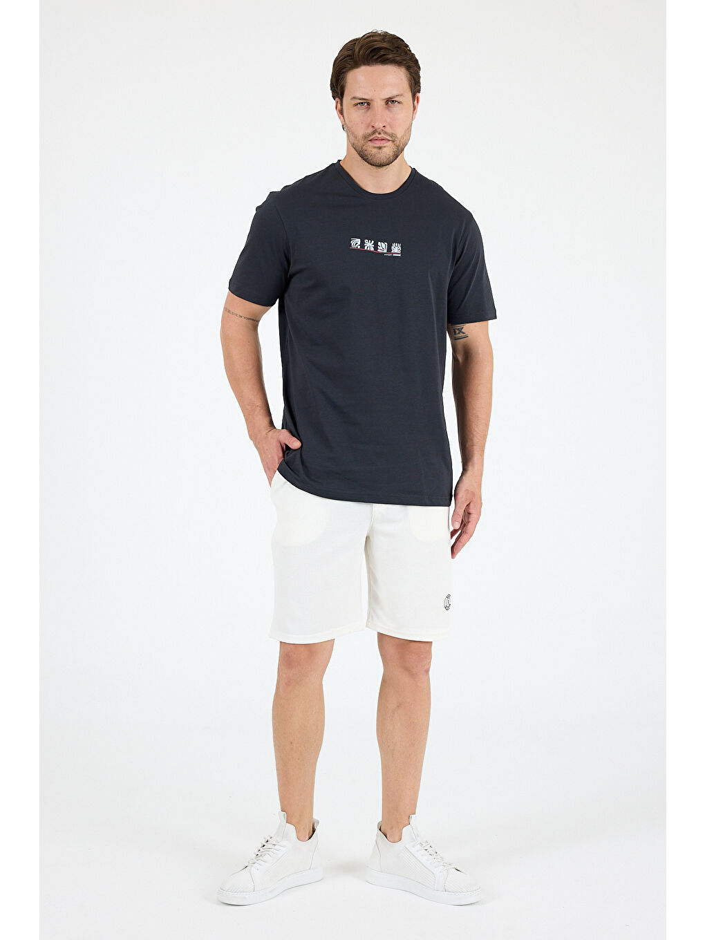 Antrasit Erkek %100 Pamuk Bisiklet Yaka Kısa Kollu Baskılı Tişört Rahat ve Günlük Tişört 0106-2