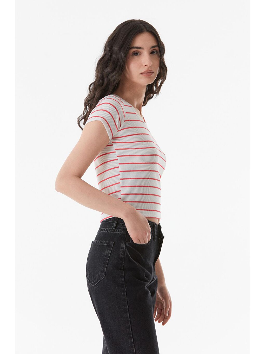 Fuşya Çizgili Bisiklet Yaka Tişört-4