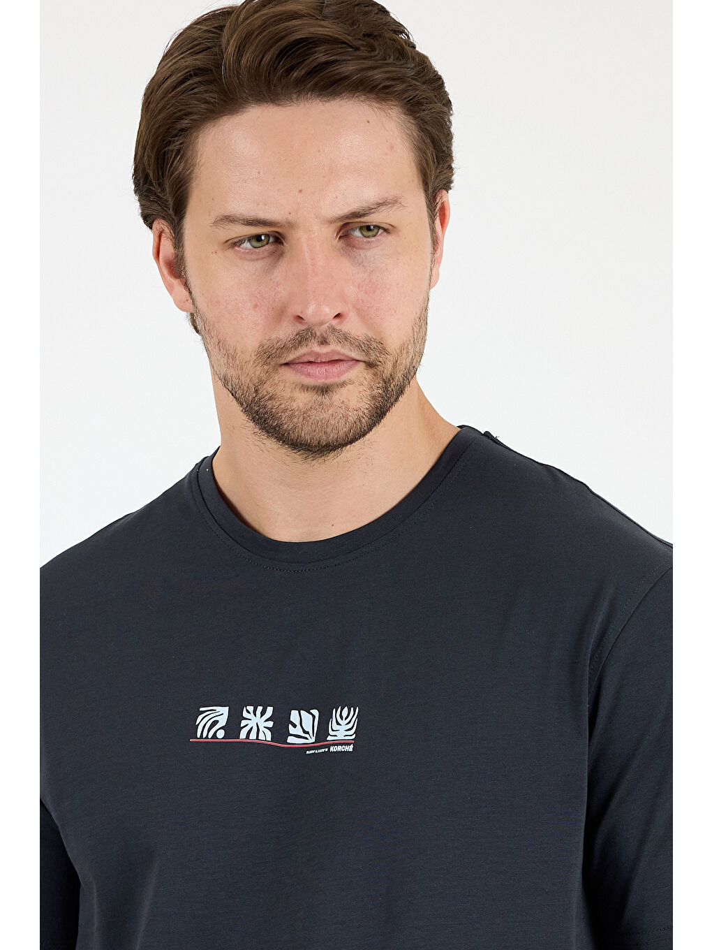 Antrasit Erkek %100 Pamuk Bisiklet Yaka Kısa Kollu Baskılı Tişört Rahat ve Günlük Tişört 0106-3