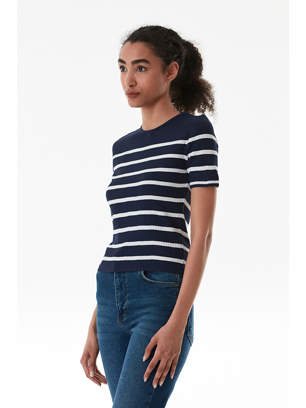 Lacivert Çizgili Fitilli Bisiklet Yaka Triko Bluz-2
