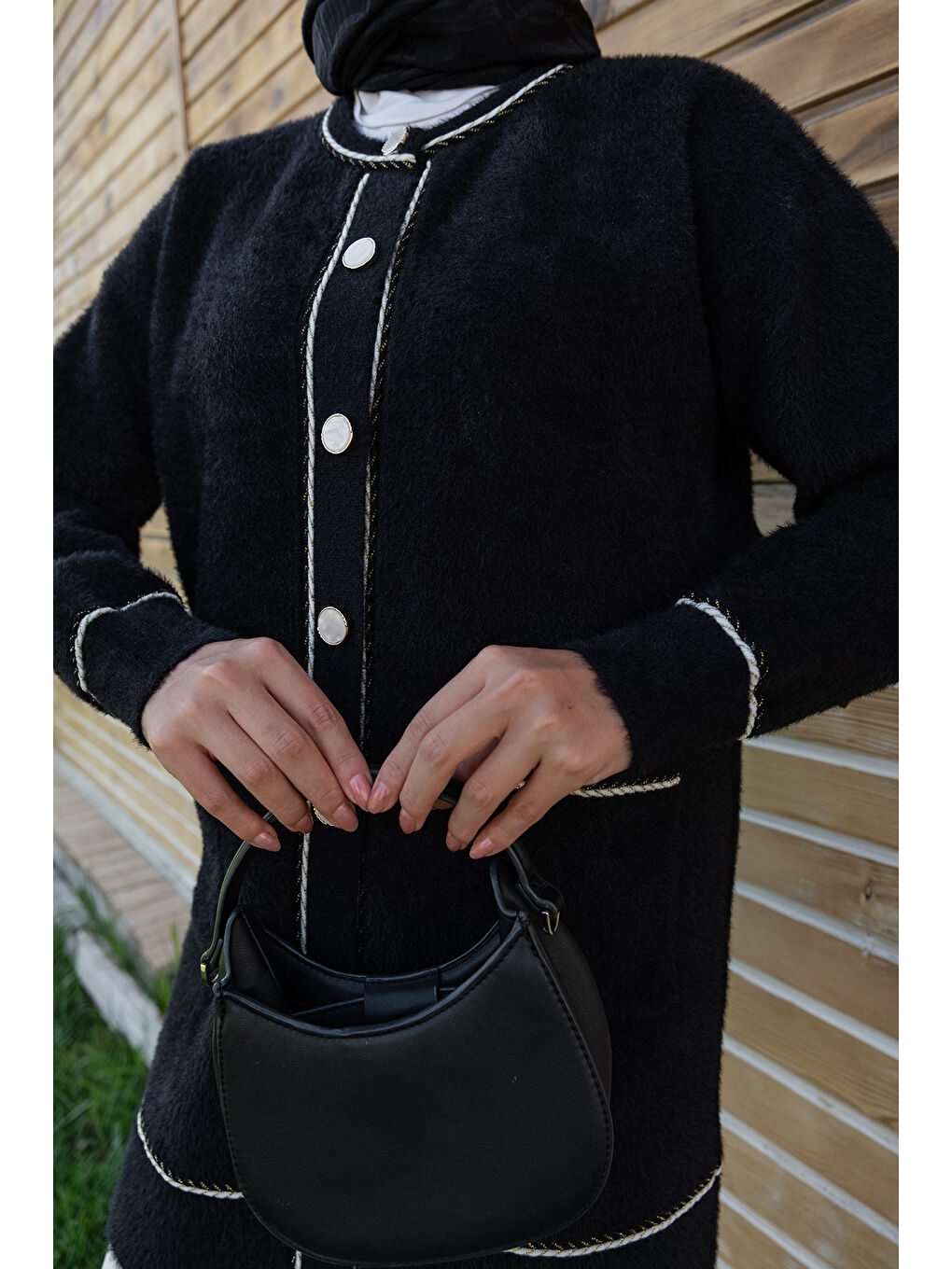 Kadın Bisiklet Yaka Triko Ceket Siyah-4