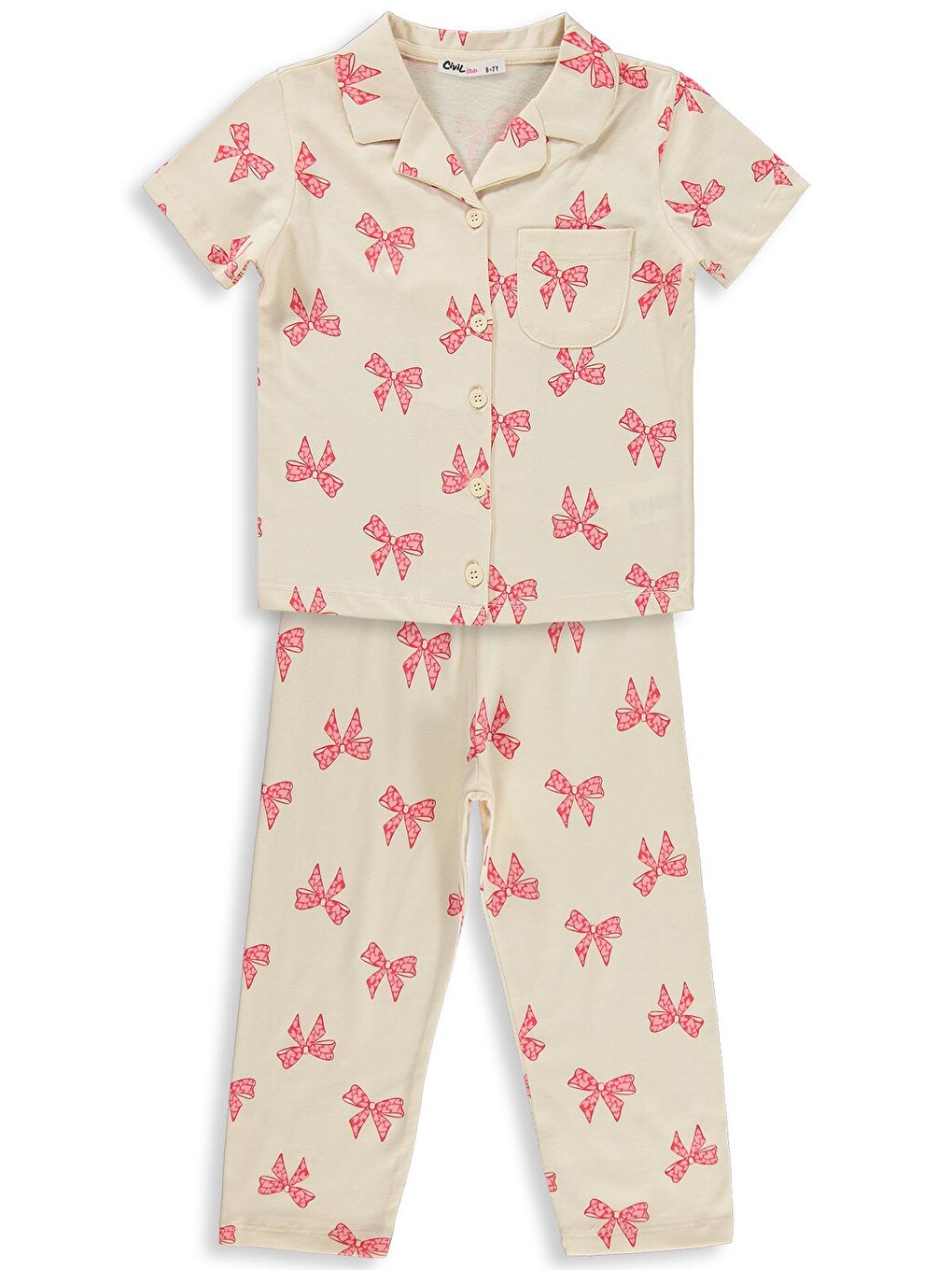 Bej Girls Fiyonk Desenli 6-9 Yaş Pijama Takımı - Fil Dişi
