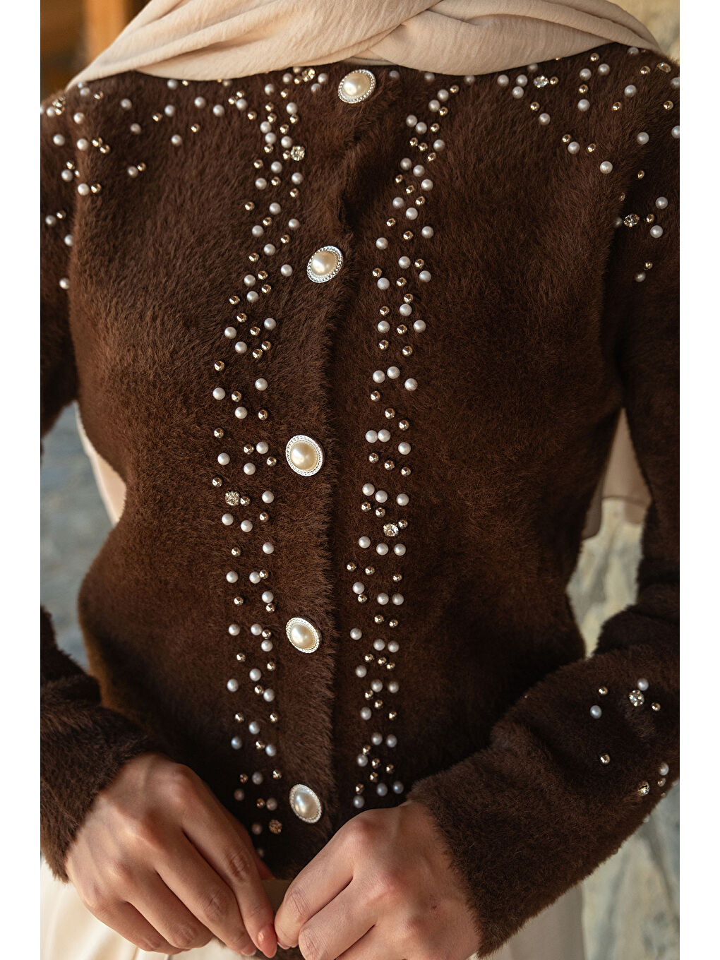 Kadın Taş Detay Triko Ceket Kahverengi-4