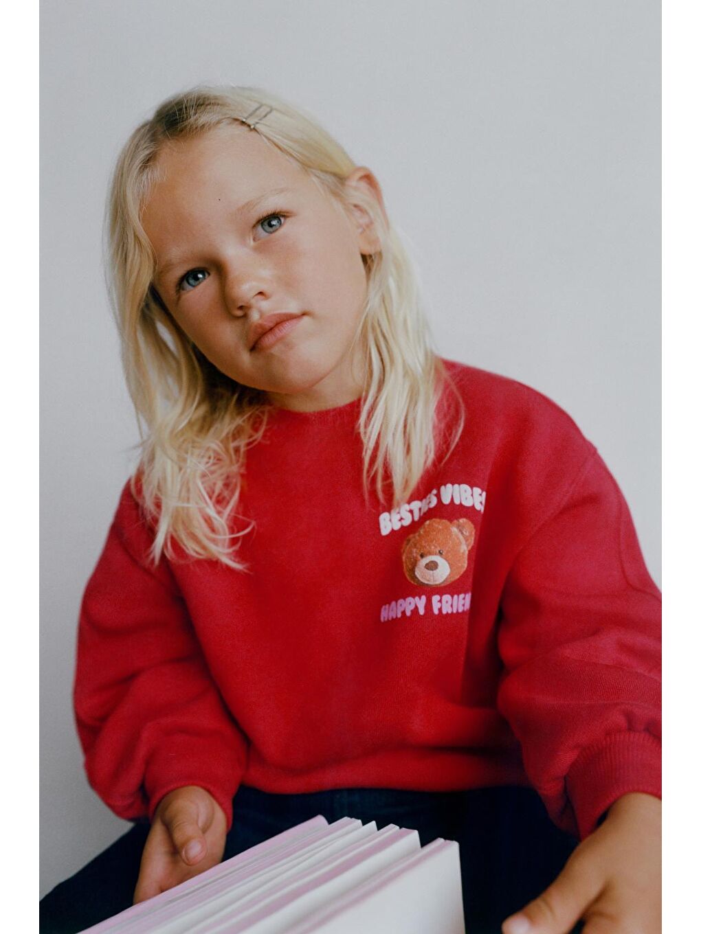 Karışık Kız Çocuk Pamuklu Kırmızı Ayı Baskılı Sweatshirt Ve Nakışlı Jean Pantolon Takım – Rahat Günlük Stil-2