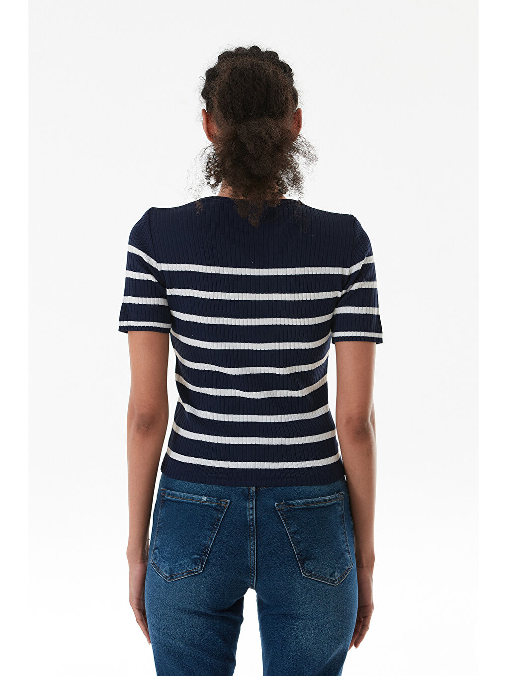 Lacivert Çizgili Fitilli Bisiklet Yaka Triko Bluz-3