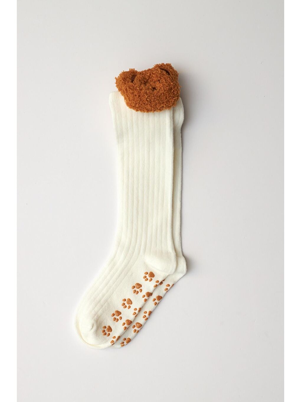 Kız Çocuk Ayıcık Detaylı Dizaltı Çorap Ekru