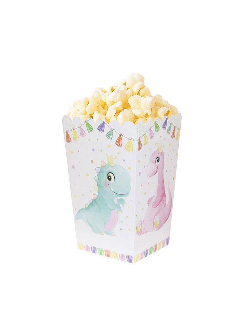 Beyaz Sevimli Dinozor Temalı Karton Mısır Kutusu Popcorn Kutusu 8'li-1