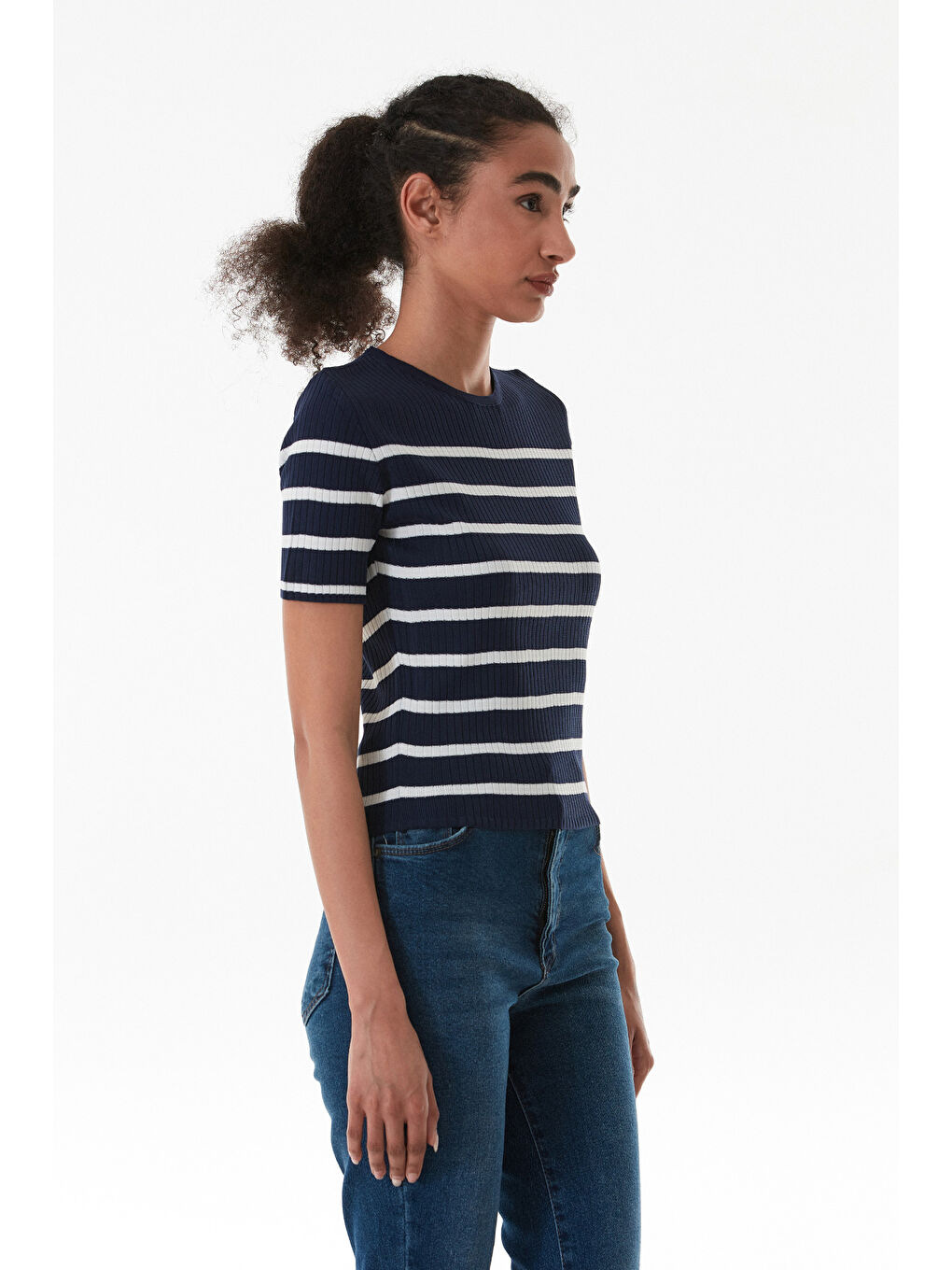 Lacivert Çizgili Fitilli Bisiklet Yaka Triko Bluz-4