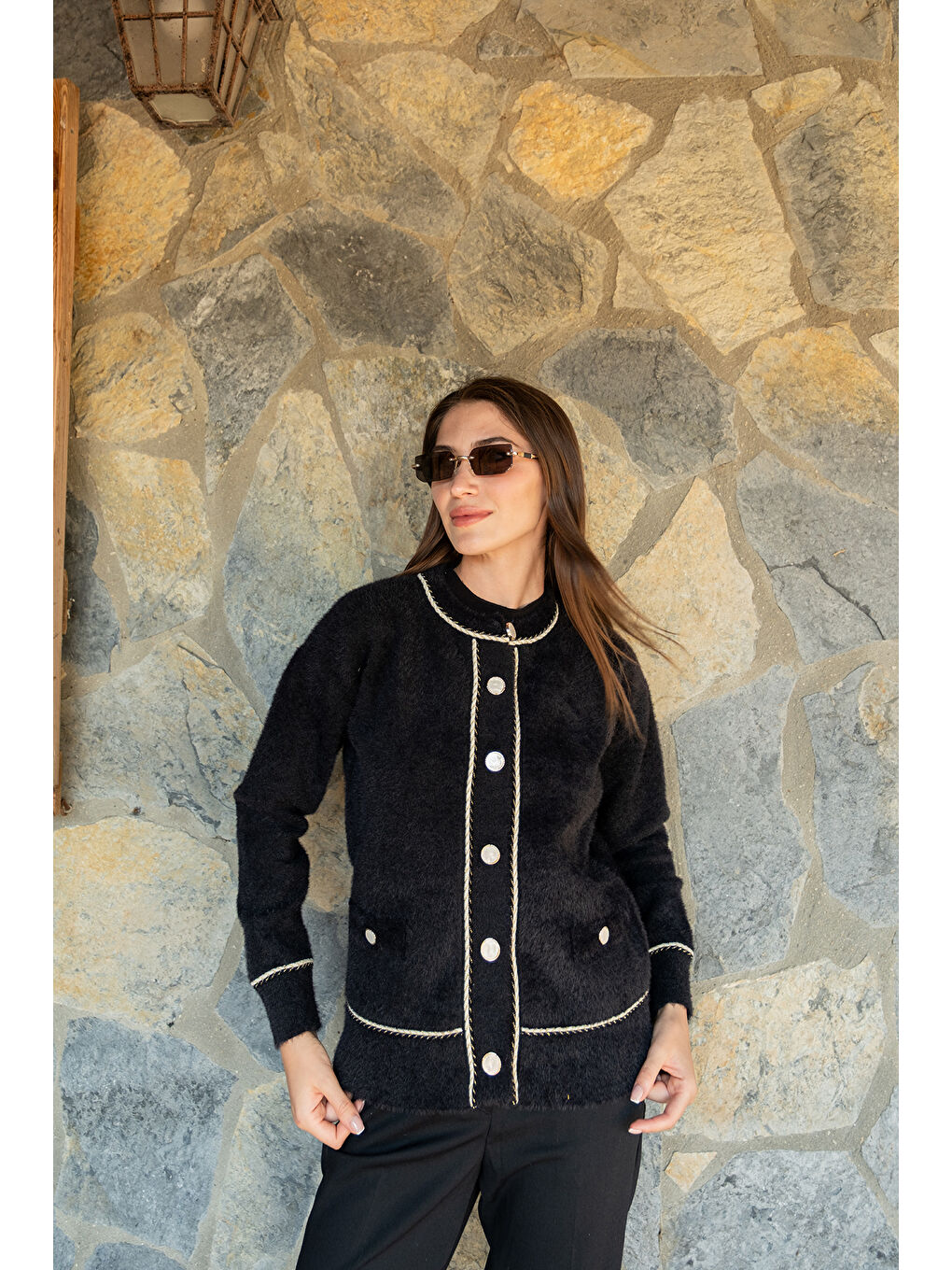 Kadın Bisiklet Yaka Triko Ceket Siyah-3