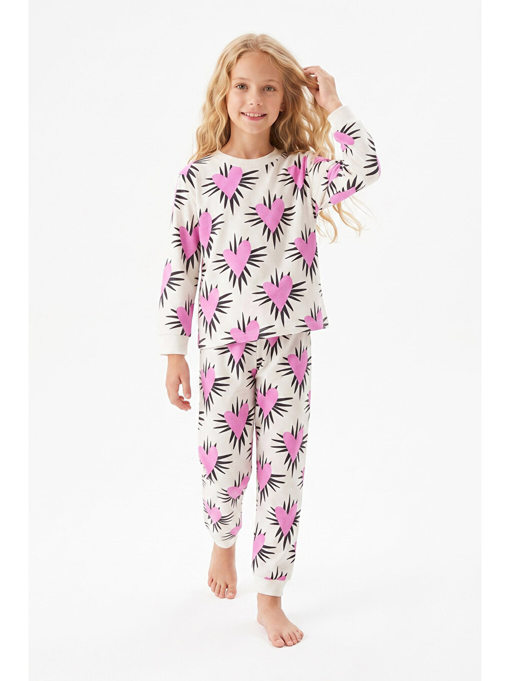 Beyaz Kız Çocuk %100 Pamuk Ve Baskılı Pijama Takımı 3-13 Yaş 12738ıs-1