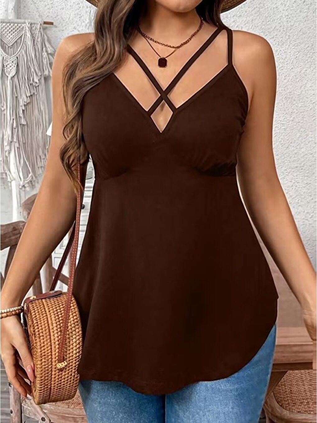 Kahverengi Kadın önden çapraz Askılı Uzun Vıskon Bluz-1