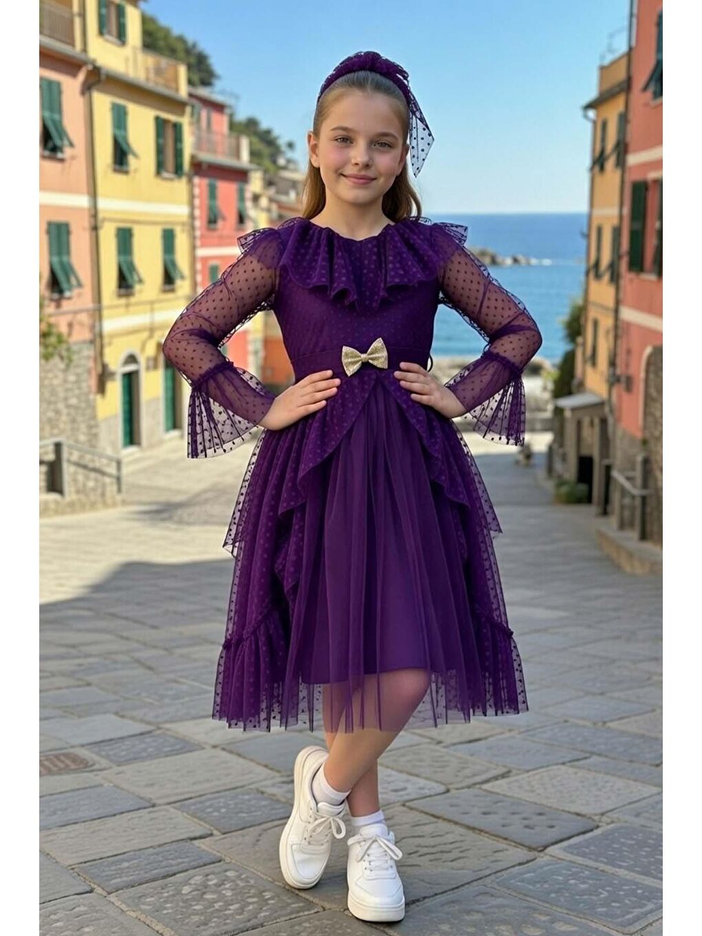 Kız Çocuk Kolları Şeffaf Tüllü ve Üzeri Puantiye, Yakası Fırfır Detaylı Önü Tüllü Mor Abiye-1