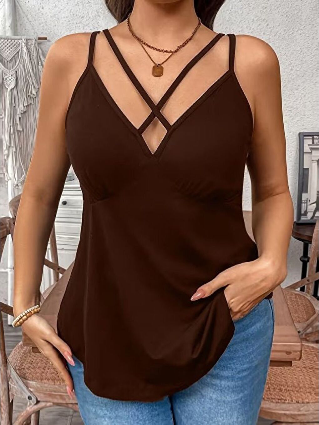 Kahverengi Kadın önden çapraz Askılı Uzun Vıskon Bluz-2